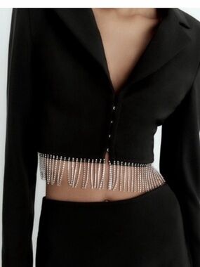 Zara Black Cropped Blazer with Rhinestone Fringe
